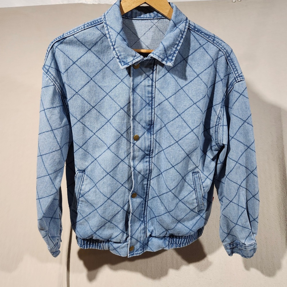 Sidefeel Womens Light Wash Quilted Diamond Denim Bomber Jacket Blue Size L Fall